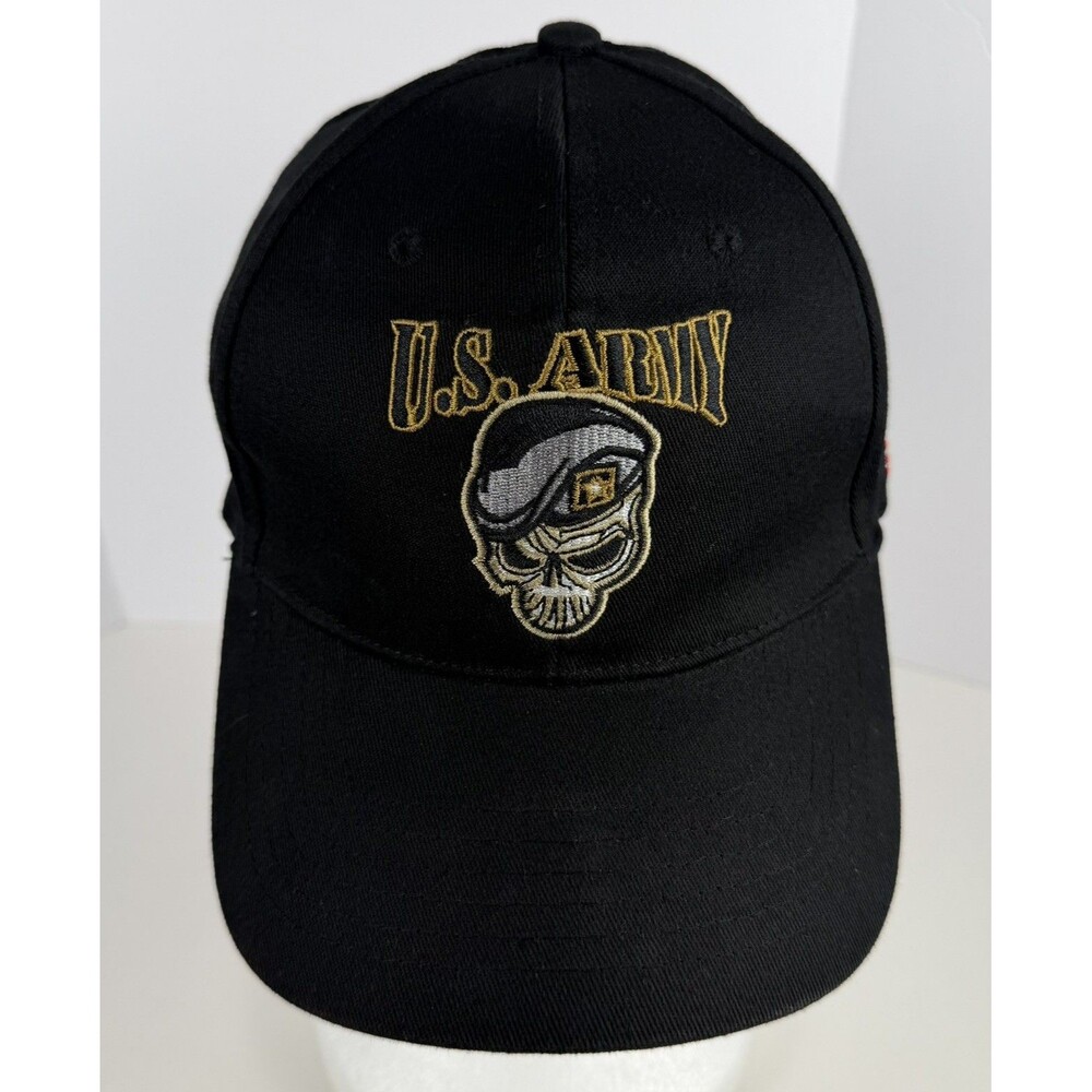 U.S Army Cap Black Embroidered Skull Beret Stretch Hat Six Panel US Flag